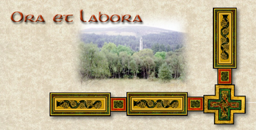 graphic banner with photo of the bell tower of Glendalough]